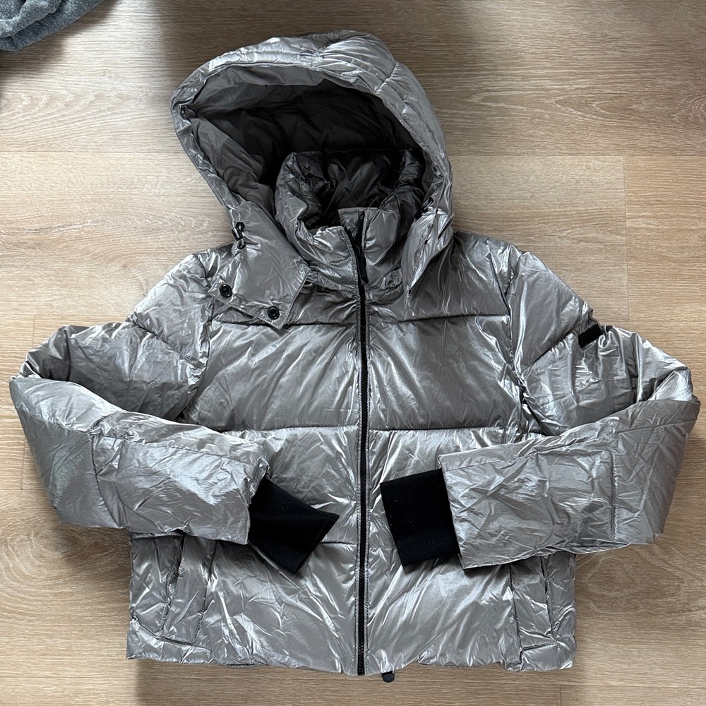 BCBGMaxAzria Metallic Silver Hooded Puffer Coat
